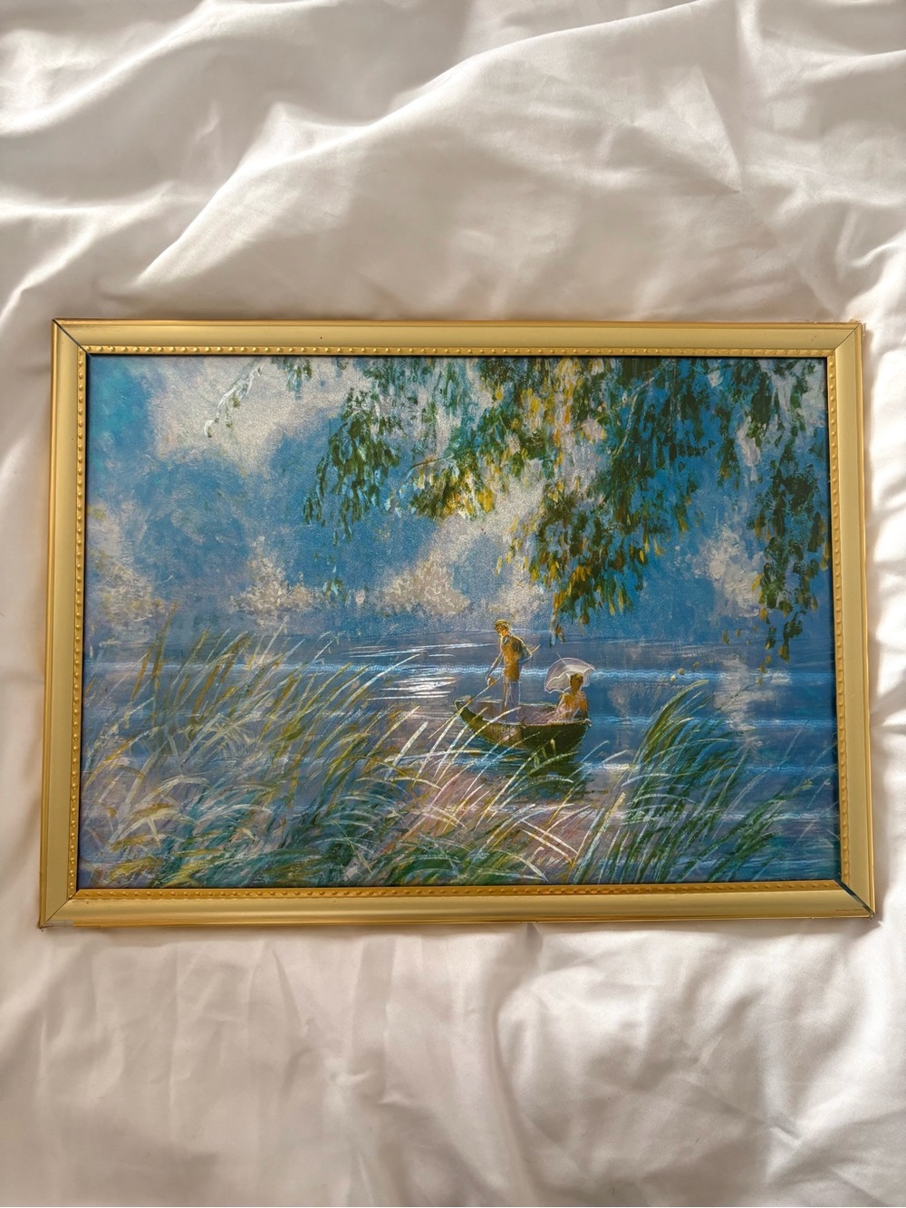 Vintage foil art shimmer metallic nature landscape lake art home decor framed